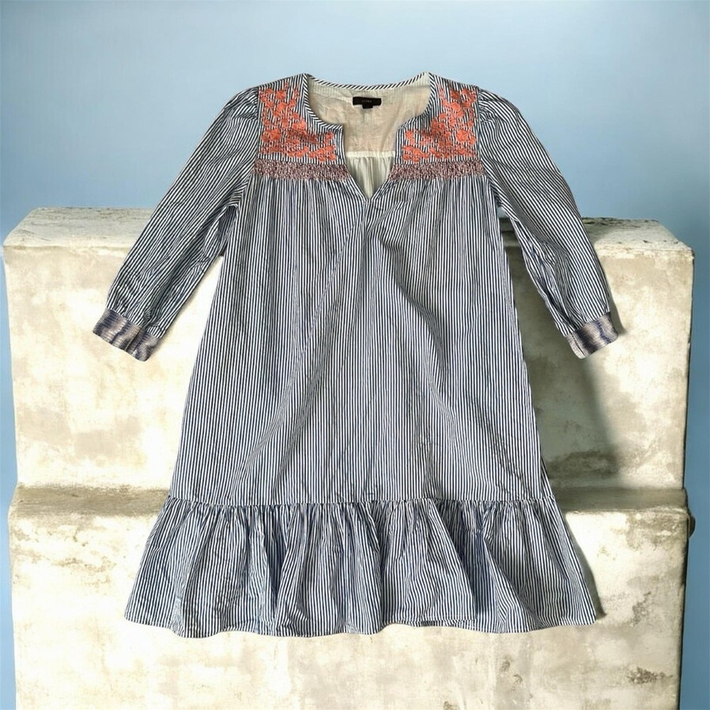 J.Crew Re-Imagined Blue White Striped Embroidered Cotton Tunic Dress‎ XS Coral